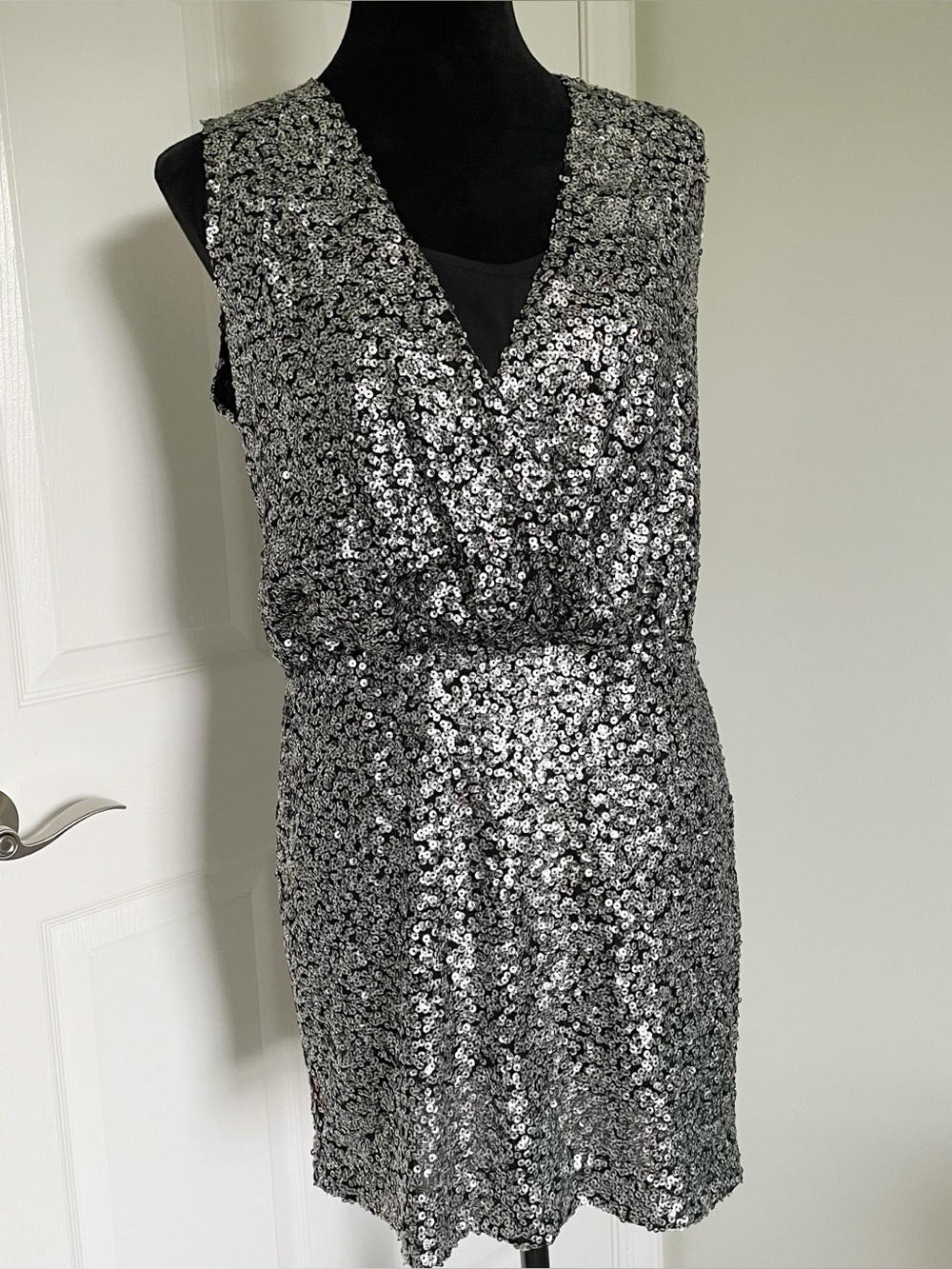 ALBERTO MAKALI Sequin Sleeveless Faux Wrap Mini Dress